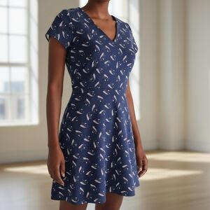 LOFT Fit Flare Dress Blue Navy Floral Leaf Print V Neck Short Sleeve Mini Easy 6